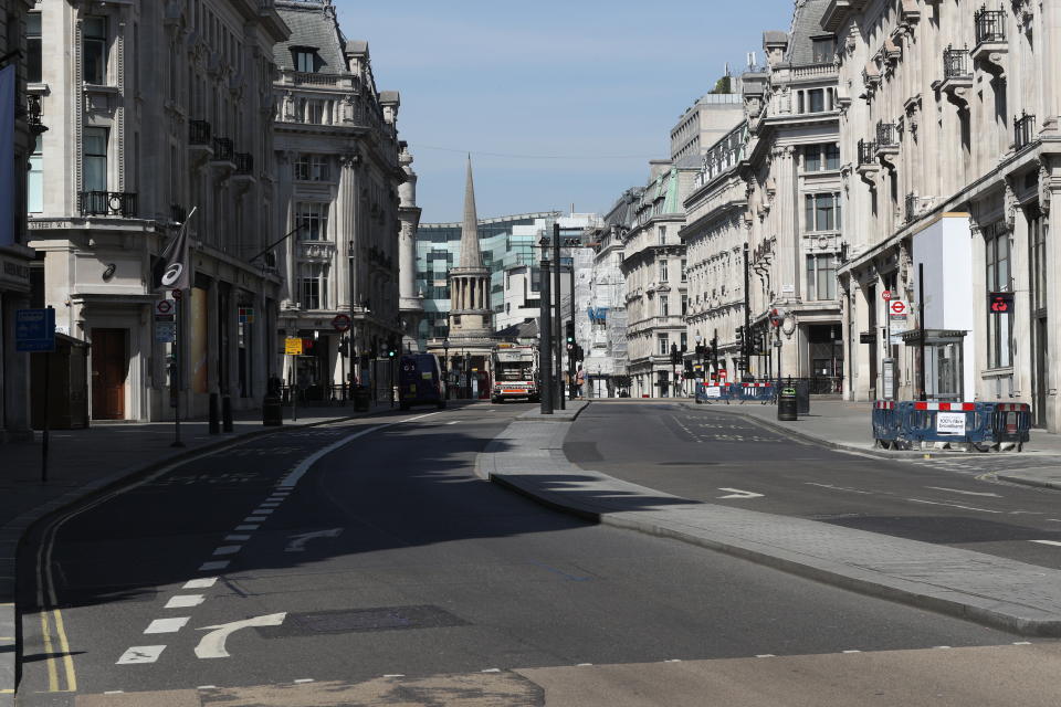A view along Regent Street, London, looking from Oxford Circus towards New Broadcasting House and All Souls church Langham Place, as the UK continues in lockdown to help curb the spread of the coronavirus. (Photo by Jonathan Brady/PA Images via Getty Images)