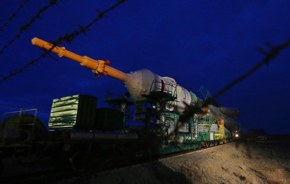 The Soyuz TMA-12M spacecraft is transported to its launch pad at the Baikonur cosmodrome