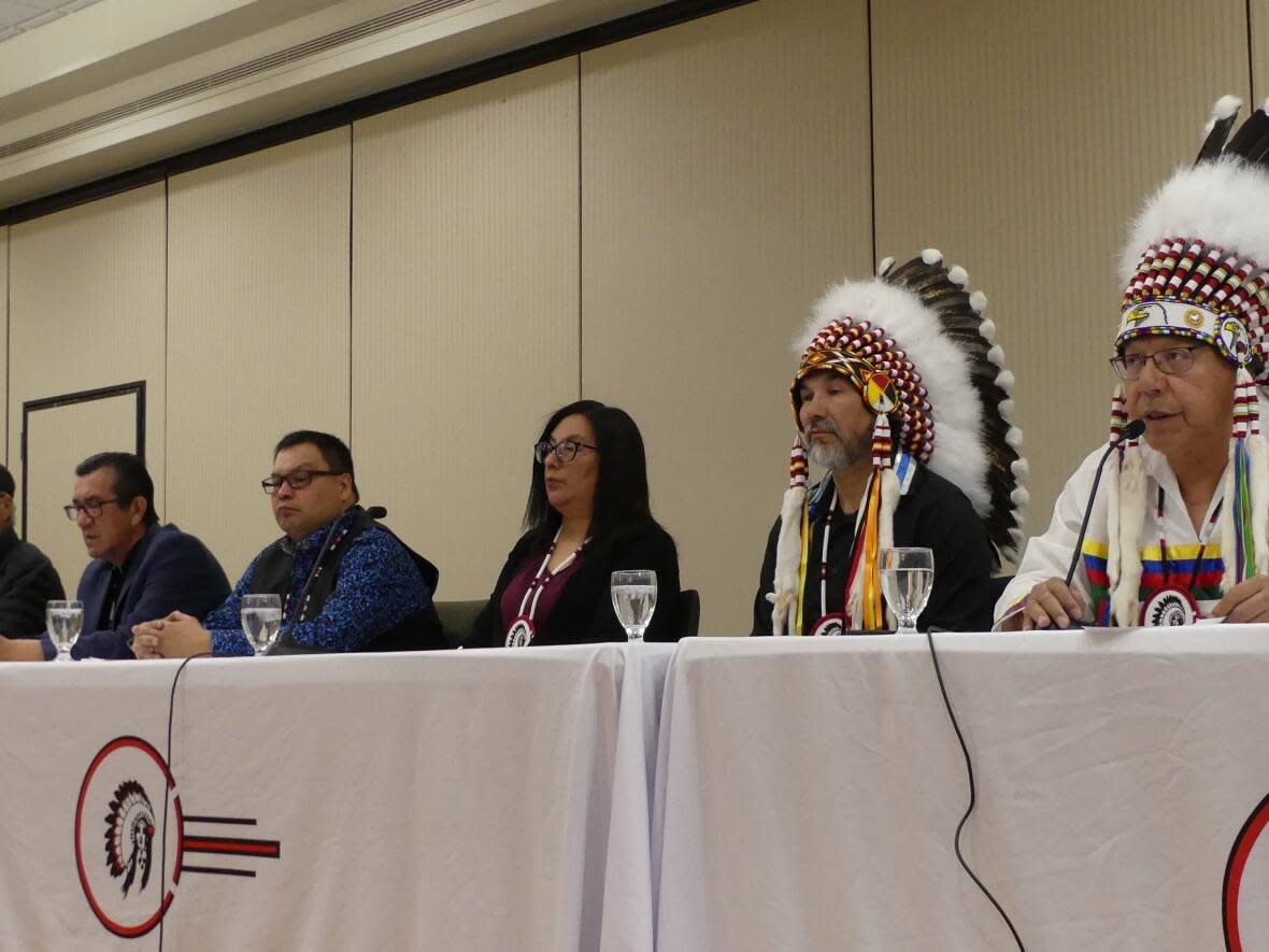 At a news conference on Thursday, Walter Wastesicoot, grand chief of the Keewatin Tribal Council, urged Prime Minister Justin Trudeau to invoke the Emergencies Act to deal with crises on the 11 First Nations represented by the council. (Stephanie Cram/CBC - image credit)