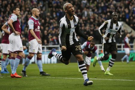 Britain Football Soccer - Newcastle United v Aston Villa - Sky Bet Championship - St James' Park - 20/2/17 Newcastle United's Yoan Gouffran celebrates after he scored their first goal Mandatory Credit: Action Images / Craig Brough Livepic