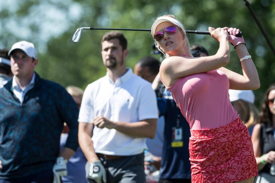 Paige Spiranac tees off for the 15th hole during the AREA 313 Celebrity Challenge of the Rocket Mortgage Classic at Detroit Golf Club in Detroit, Tuesday, June 25, 2019.