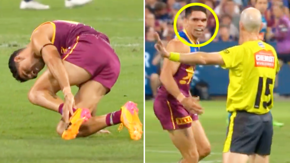 AFL fans are fuming after Brisbane Lions forward Charlie Cameron (pictured) was forced to stand on the mark, despite clearly being injured. (Images: Fox Sports)
