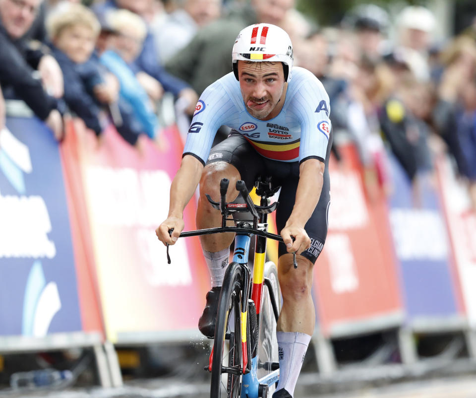 Victor Campenaerts of Belgium competes in the men's time trial at the European Cycling Championships in Glasgow, Scotland, Wednesday, Aug. 8, 2018. (AP Photo/Darko Bandic)