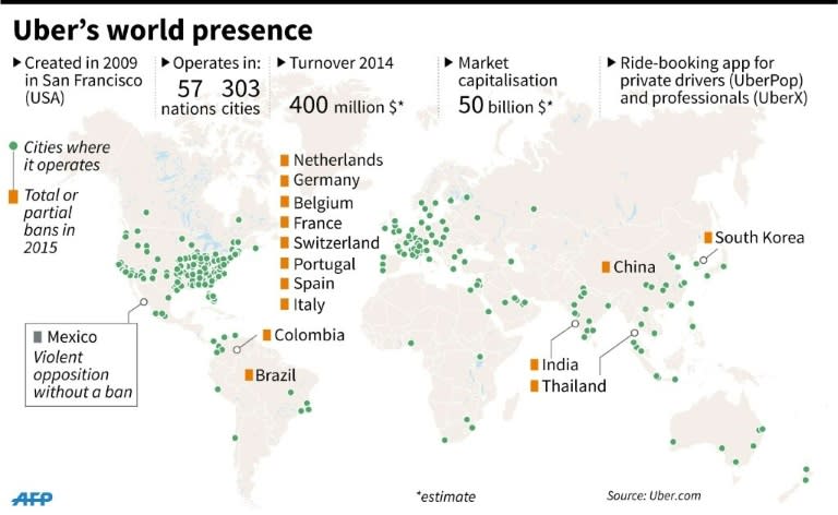 Map showing countries and cities in which ride-booking app Uber operates