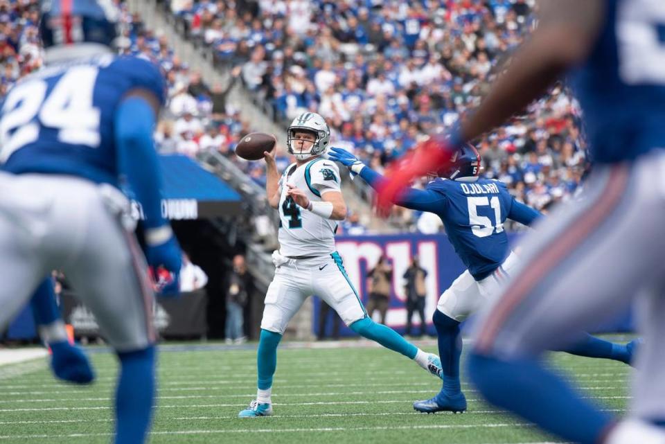 Panthers quarterback Sam Darnold looks to pass during the game against the Giants at MetLife Stadium on Sunday, October 24, 2021 in Rutherford, NJ.