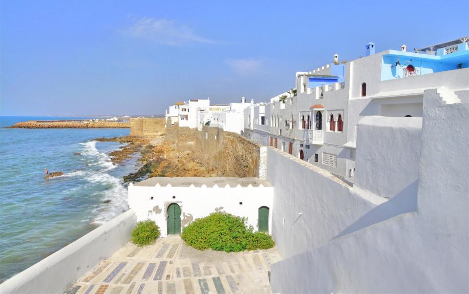 White blue houses on the Atlantic coast in Asilah, Morocco