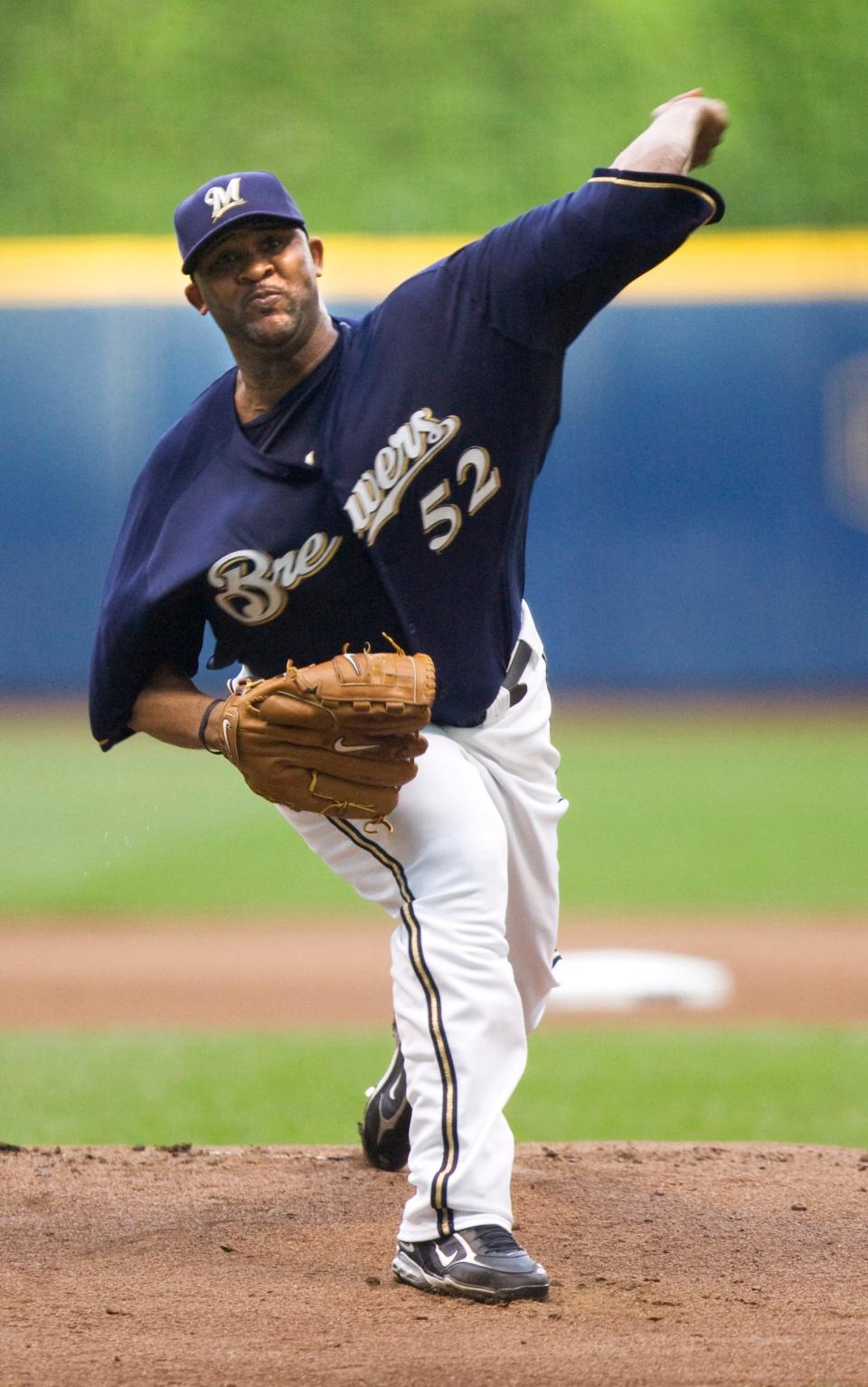 Brewers pitcher CC Sabathia delivers a pitch in his first game in Milwaukee on July 8, 2008.