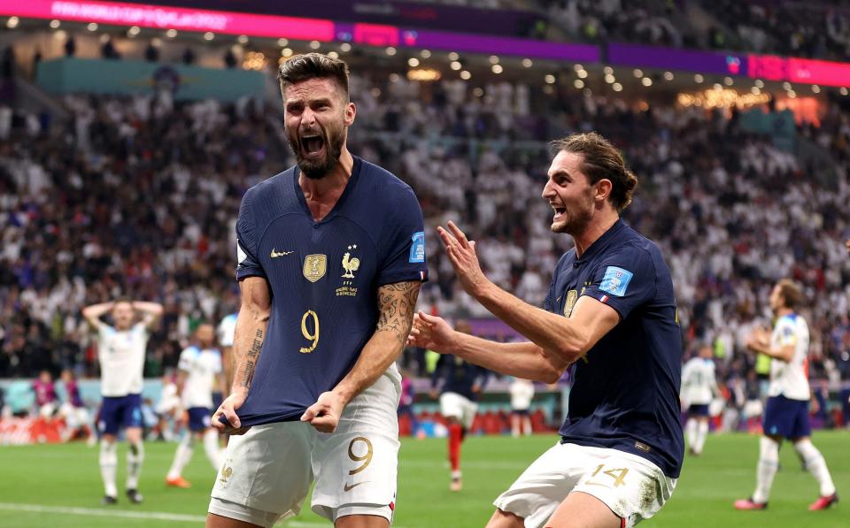 Olivier Giroud celebrates his goal against England - England torment as Harry Kane's missed penalty condemns Three Lions to World Cup defeat - Catherine Ivill/GETTY IMAGES