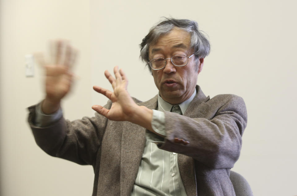 Dorian S. Nakamoto gestures during an interview with the Associated Press, Thursday, March 6, 2014 in Los Angeles. Nakamoto, the man that Newsweek claims is the founder of Bitcoin, denies he had anything to do with it and says he had never even heard of the digital currency until his son told him he had been contacted by a reporter three weeks ago. (AP Photo/Nick Ut)