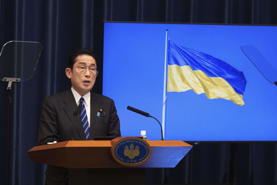 Japanese Prime Minister Fumio Kishida speaks during his press conference in Tokyo Friday, Feb. 24, 2023. Kishida said Friday he plans to present to other Group of Seven countries a set of "new ideas" for sanctions against Russia over its war on Ukraine when he hosts an online G-7 summit to mark the one-year anniversary of the start of the invasion. (Stanislav Kogiku/Pool Photo via AP)