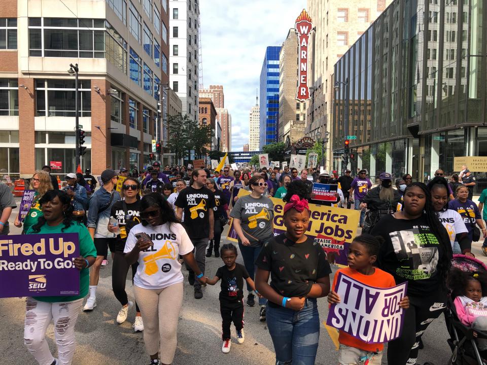 Hundreds of union members and workers march from Zeidler Union Square to Henry Maier Festival Park in solidarity with each other and to listen to President Biden speak.