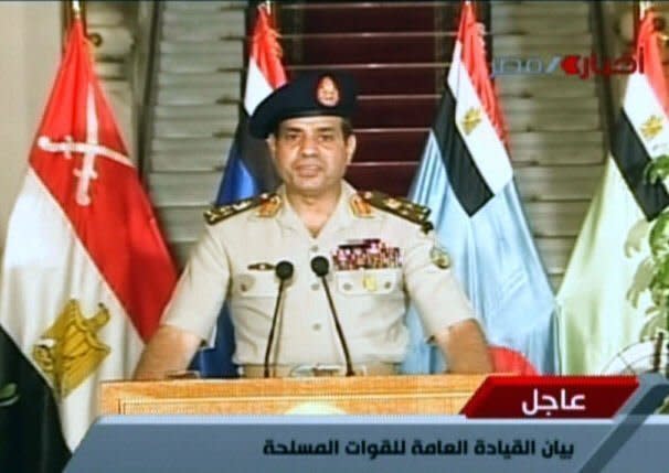An image grab taken from Egyptian state TV shows Egyptian Defence Minister Abdelfatah al-Sisi delivering a statement on July 3, 2013. Sisi ousted president Mohamed Morsi on Wednesday and declared the head of the Supreme Constitutional Court caretaker leader