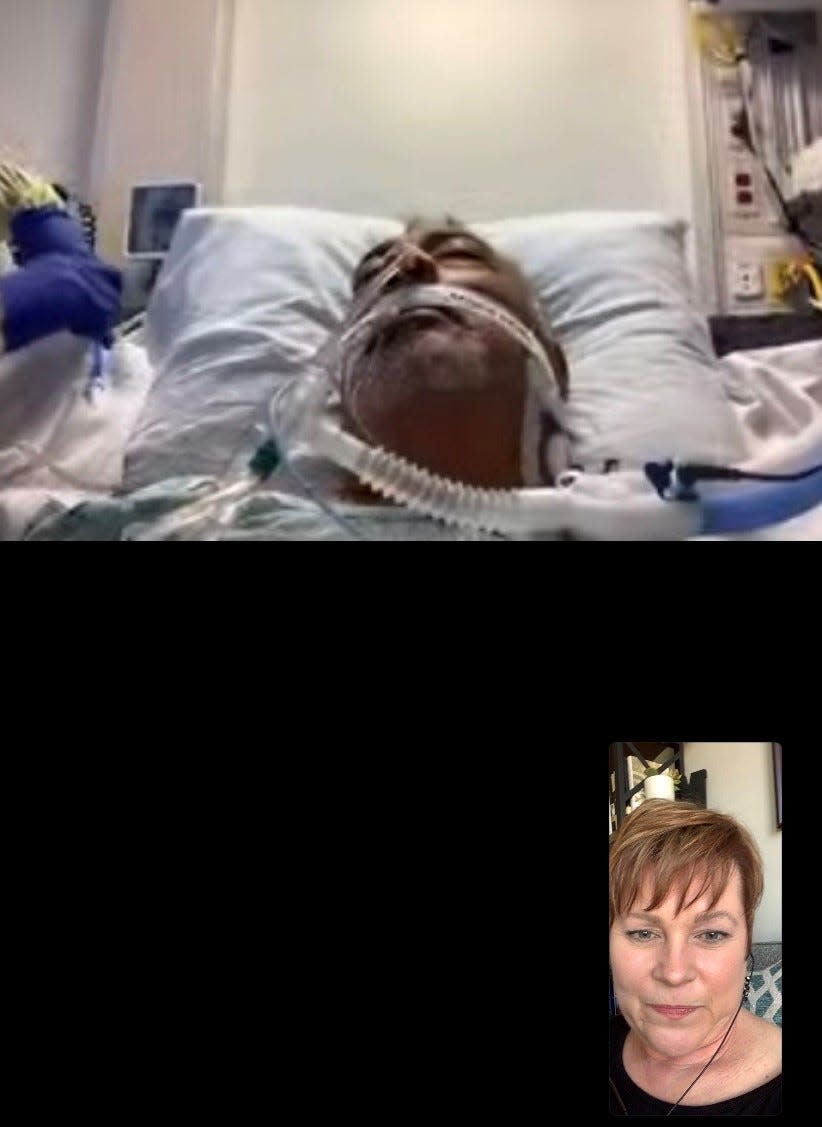 Lorenzo Sierra in Johns Hopkins Hospital in Baltimore, Maryland, and his wife Rhonda Cagle, in October 2020. Screenshot taken during a FaceTime conversation.