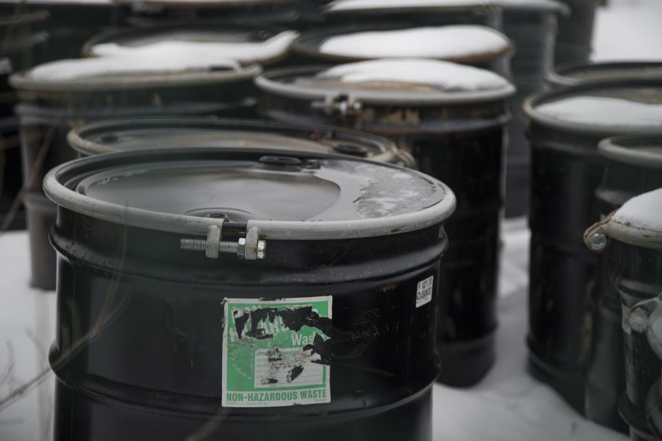 Hundreds of barrels of dirt sample collected from a former Wolverine World Wide tannery site in Rockford, March 1, 2019.