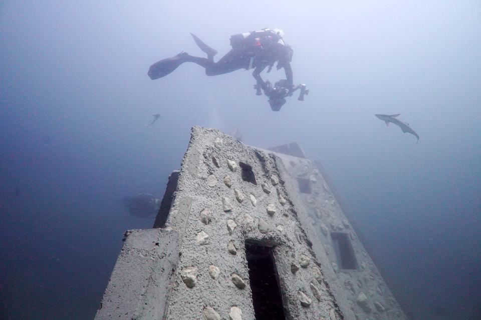 A diver inspects a newly deployed artificial reef module that is part of the Starborough Winery Reef, Okaloosa County's newest addition to it's artificial reef system.