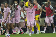 Inter Miami forward Lionel Messi (10) gestures after scoring late in the second half of a Leagues Cup soccer match against Cruz Azul, Friday, July 21, 2023, in Fort Lauderdale, Fla. (AP Photo/Rebecca Blackwell)