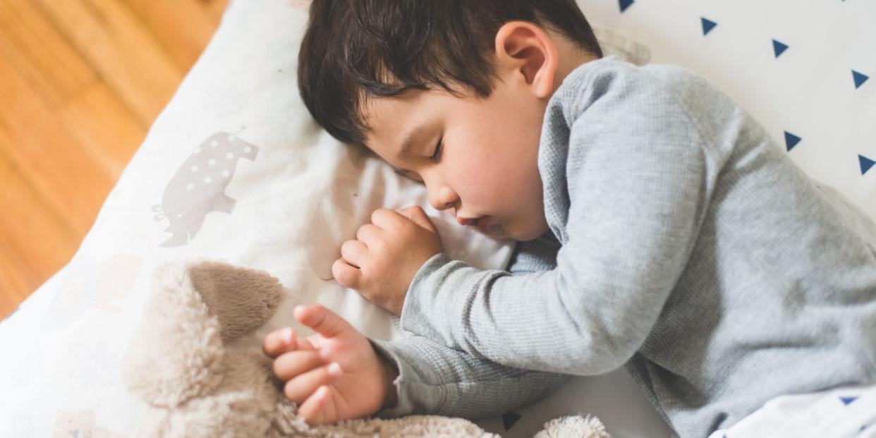 Toddler boy sleeping with stuffed animal