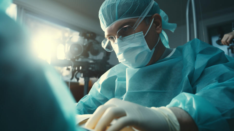 A medical professional wearing gloves and a protective mask performing a minimally invasive aesthetic medical procedures on a patient.