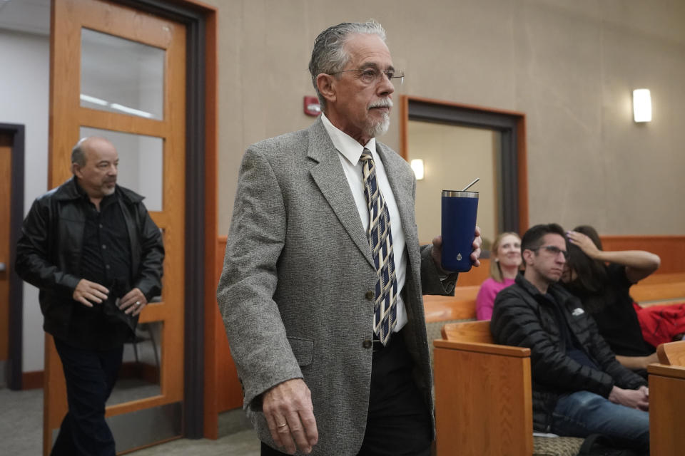 Terry Sanderson, the Utah man suing Gwyneth Paltrow, walks in to the courtroom, Wednesday, March 29, 2023, in Park City, Utah. He accuses her of crashing into him on a beginner run at Deer Valley Resort, leaving him with brain damage and four broken ribs. (AP Photo/Rick Bowmer, Pool)