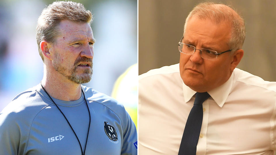 Collingwood coach Nathan Buckey has used Twitter to take what many have interpreted as a shot at Prime Minister Scott Morrison's leadership through the bushfire disaster. Pictures: Getty Images