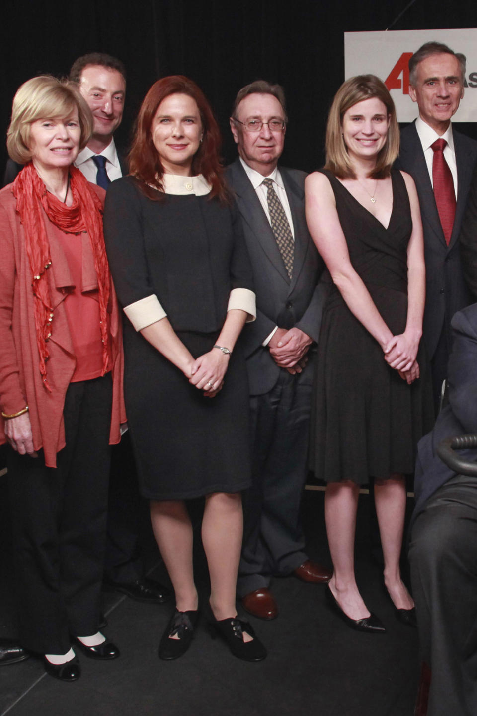 FILE - Associated Press Gramling Award winners, including from left, Sally Jacobsen, Michael Boord, Colleen Newvine, Darrell Christian of the Stylebook team, Achievement Award; Julia Weeks, Scholarship Award; and AP President Tom Curley pose for a photo during the Gramling Awards dinner at New York headquarters, Oct. 26, 2011. Christian, a former managing editor and sports editor of the AP known for a demanding demeanor and insistence on excellence during more than four decades with the news agency, died Monday, July 1, 2024. He was 75. (AP Photo/Stuart Ramson, File)