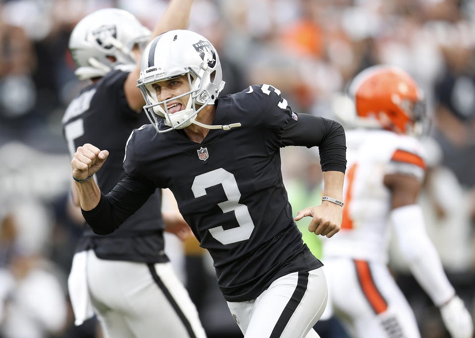 Oakland Raiders kicker Matt McCrane (3) celebrates after kicking the winning field goal against the Cleveland Browns during overtime of an NFL football game in Oakland, Calif., Sunday, Sept. 30, 2018. (AP Photo/D. Ross Cameron)