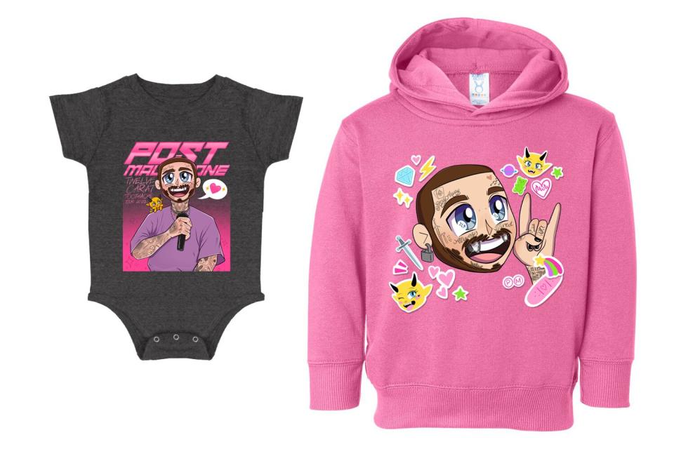 Post Malone releases kids clothing line primary: post malone tooled: MIC ONESIE, PINK ROCK HOODIE, WIRE HAT, ROCK HAND TOTE (can probably do a split of the first two and a split of the second two) dropbox link: https://www.dropbox.com/sh/61oy93tv8grda87/AABr2CReNcz4i2GBzZkSctZja?dl=0