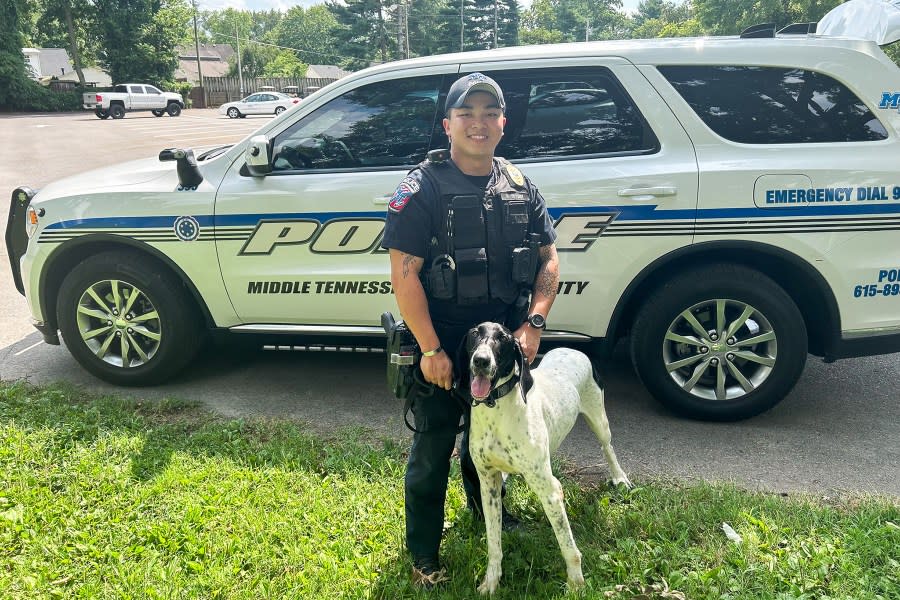 <em>Middle Tennessee State University’s Police Department recently swore in its second K-9 Officer Ace, right, who will work and live with his handler Officer Joseph “Jad” Dishner. Ace is trained in explosives detection and will add an extra level of security to campus during athletic and other events. (MTSU photo by Jacob Wagner)</em>