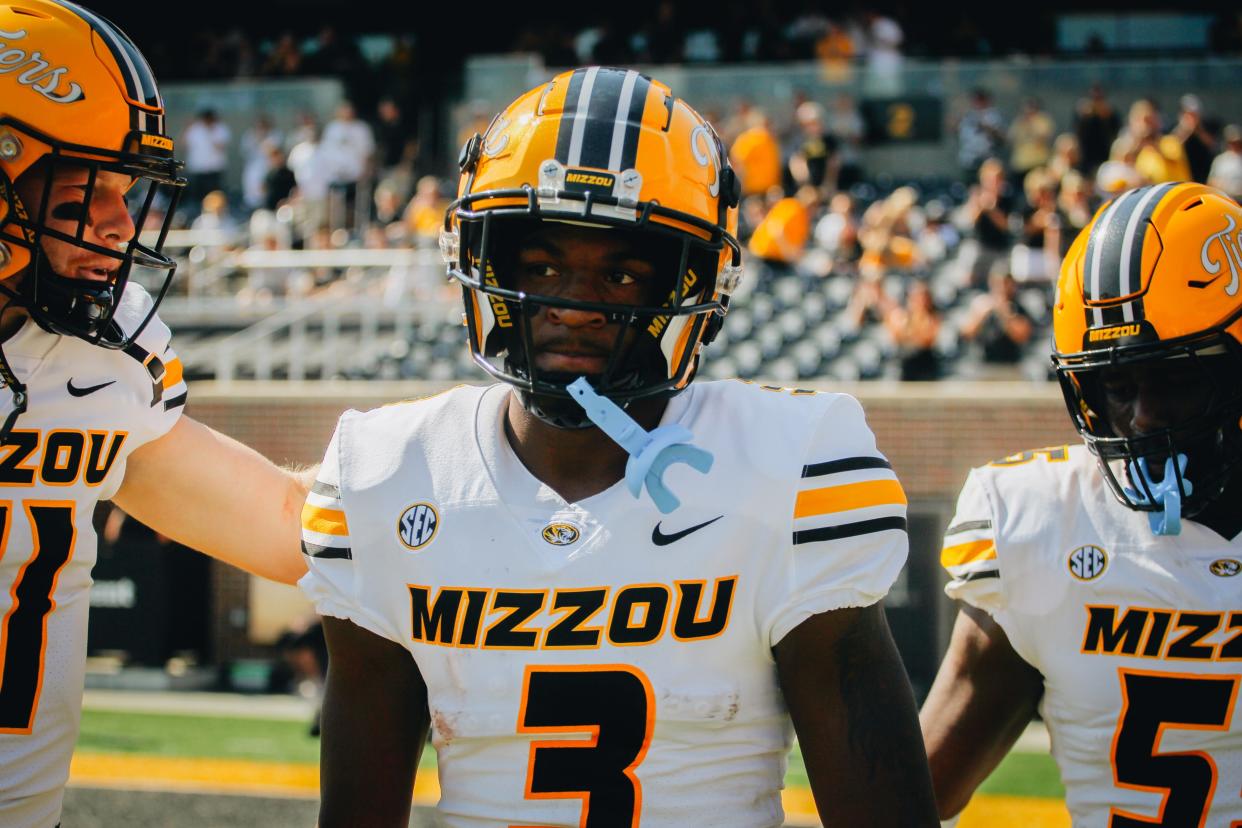 Missouri freshman Luther Burden is hyped up by his teammates after scoring the first touchdown of the game against Abilene Christian on Saturday, Sept. 17, 2022, at Faurot Field in Columbia.