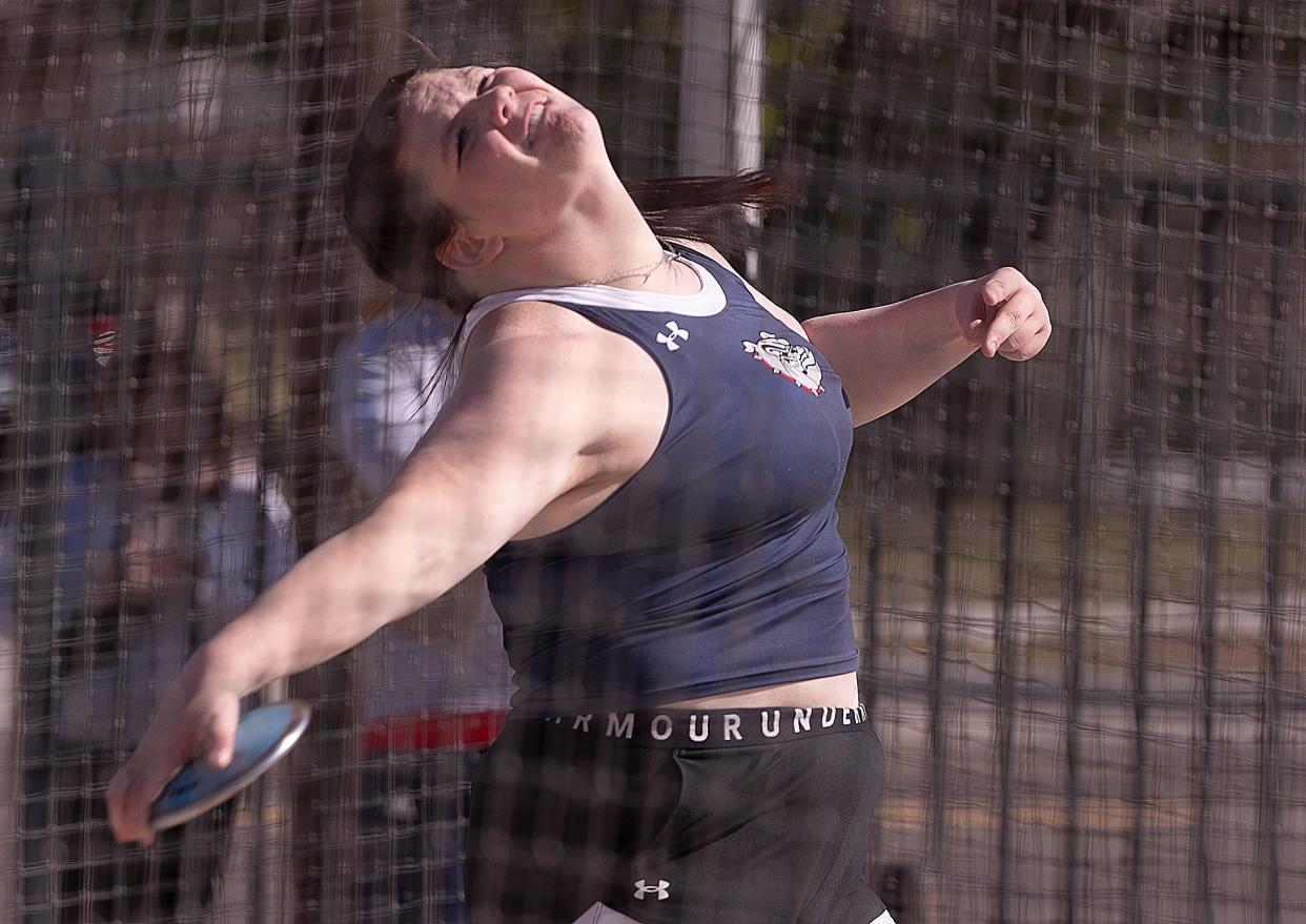 Plainview's Ava Rushing competes in discus during the Districts 3/4-5A area track and field meet, Friday, April 12, 2024, at Lowrey Field.