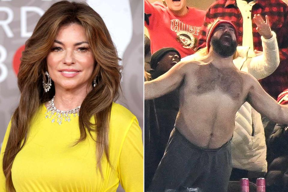 <p>Samir Hussein/WireImage; Kathryn Riley/AP</p> Shania Twain and Jason Kelce