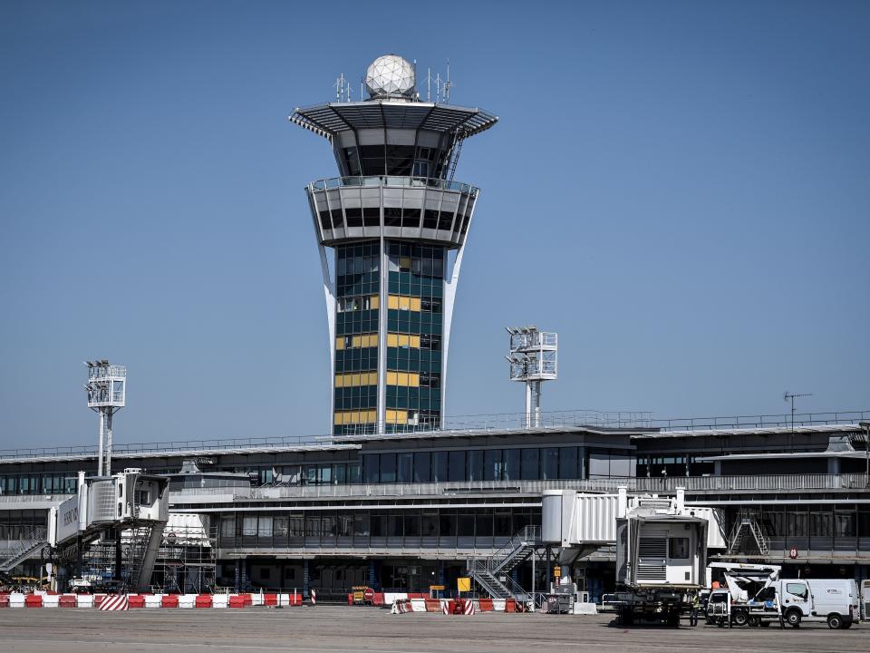 Air traffic control tower on the tarmac at the Terminal 3 of the Orly airport, in Orly on the outskirts of Paris in 2020.
