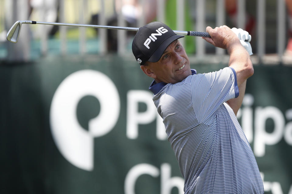 FILE - Kevin Sutherland hits off the first tee during the final round of the PGA Tour Champions Principal Charity Classic golf tournament in Des Moines, Iowa, in this Sunday, June 11, 2017, file photo. The 2021 Senior PGA Championship at Southern Hills Country Club begins Thursday, May 27, 2021. Bernhard Langer holds a slight lead over Ernie Els at the top of the money list. Kevin Sutherland has the highest all-around ranking and is third on the money list. (AP Photo/Charlie Neibergall, File)