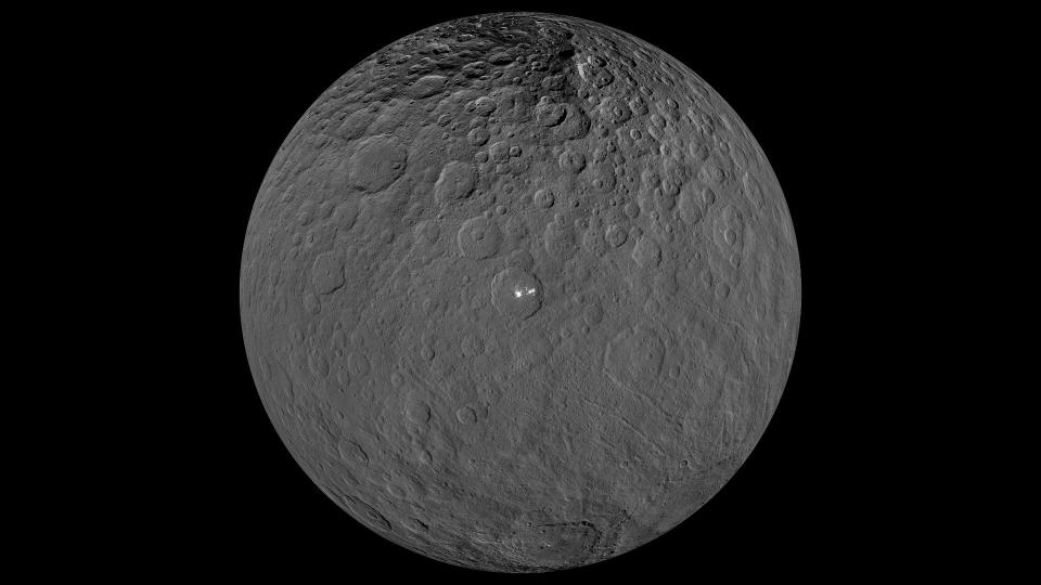 An orthographic projection by NASA's Dawn spacecraft which shows the dwarf planet Ceres. It focuses on the brightest area on Ceres, the Occator Crater.