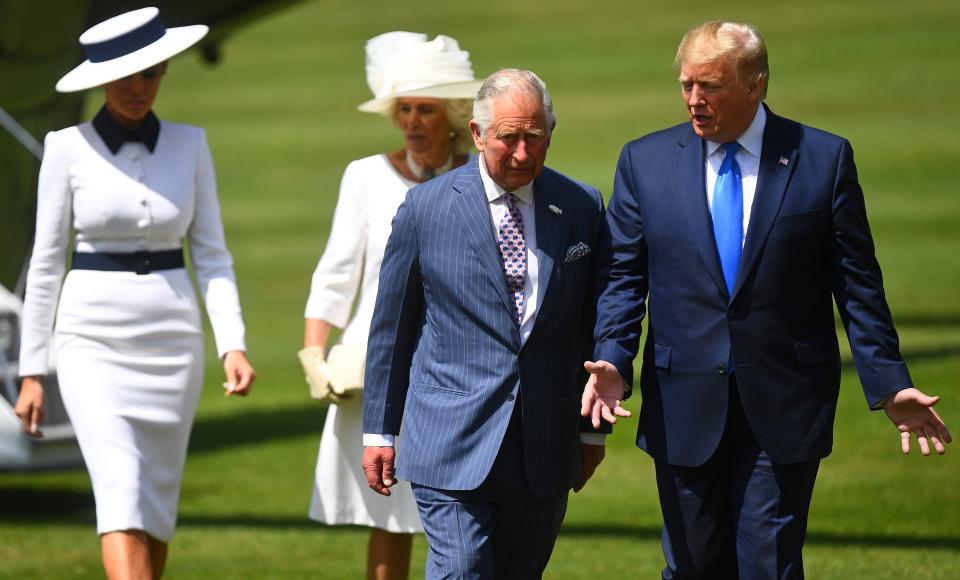 Prince Charles and Camilla walks with President Donald Trump and Melania Trump outside Buckingham Palace. 
