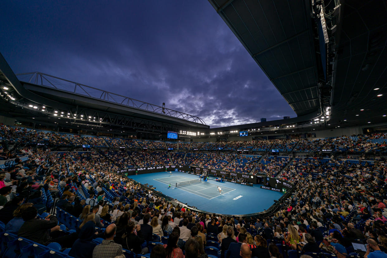 MELBOURNE, AUSTRALIA - FEBRUARY 21: A general view of Rod Laver Arena during the Men’s Singles Final match between Novak Djokovic of Serbia and Daniil Medvedev of Russia during day 14 of the 2021 Australian Open at Melbourne Park on February 21, 2021 in Melbourne, Australia. (Photo by Andy Cheung/Getty Images)