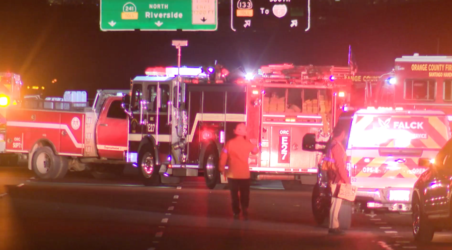 Several patients were flown to the hospital by helicopter after an Orange County Fire Department truck crashed on Freeway 241 on September 19, 2024. (KTLA)