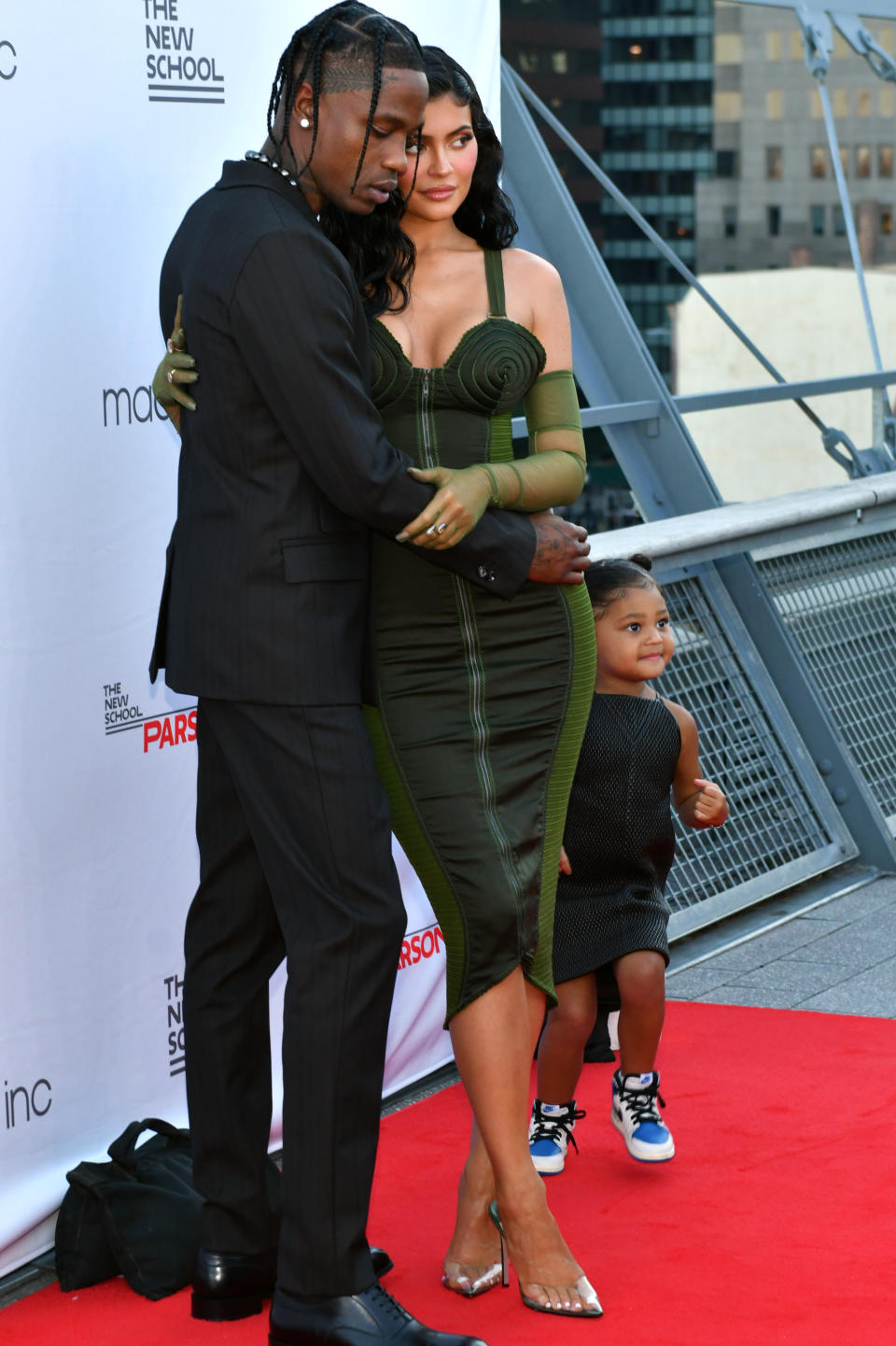 NEW YORK, NEW YORK - JUNE 15: Travis Scott, Kylie Jenner, and Stormi Webster attend the The 72nd Annual Parsons Benefit at Pier 17 on June 15, 2021 in New York City. (Photo by Craig Barritt/Getty Images for The New School)