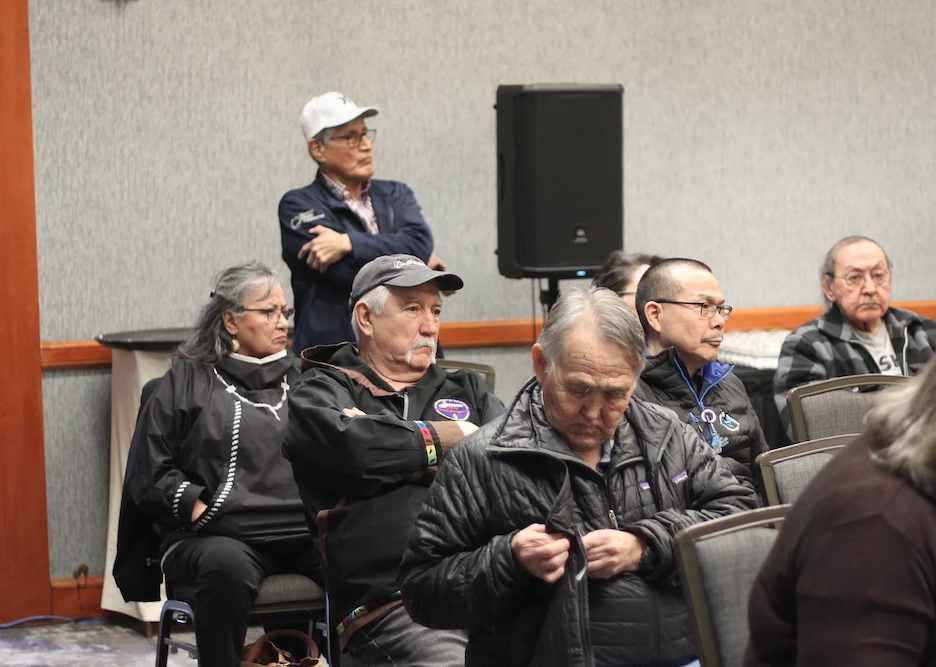 Tribal leaders from Interior Alaska villages including Nulato, Anvik and Nenana listen to this week’s meeting of the North Pacific Fishery Management Council. (Photo by Nathaniel Herz/Northern Journal)