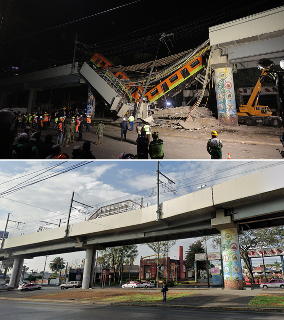 Composición de imágenes del antes y después del lugar del accidente del metro
