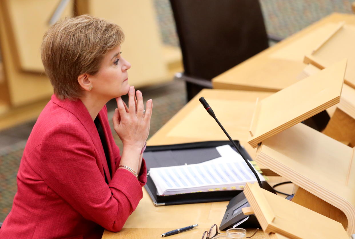 EDINBURGH, SCOTLAND - SEPTEMBER 09: Scotland's First Minister and leader of the Scottish National party Nicola Sturgeon during the First Minister's Questions in the Scottish Parliament Building on September 9, 2021 in Edinburgh, Scotland. (Photo Russell Cheyne - Pool/Getty Images)