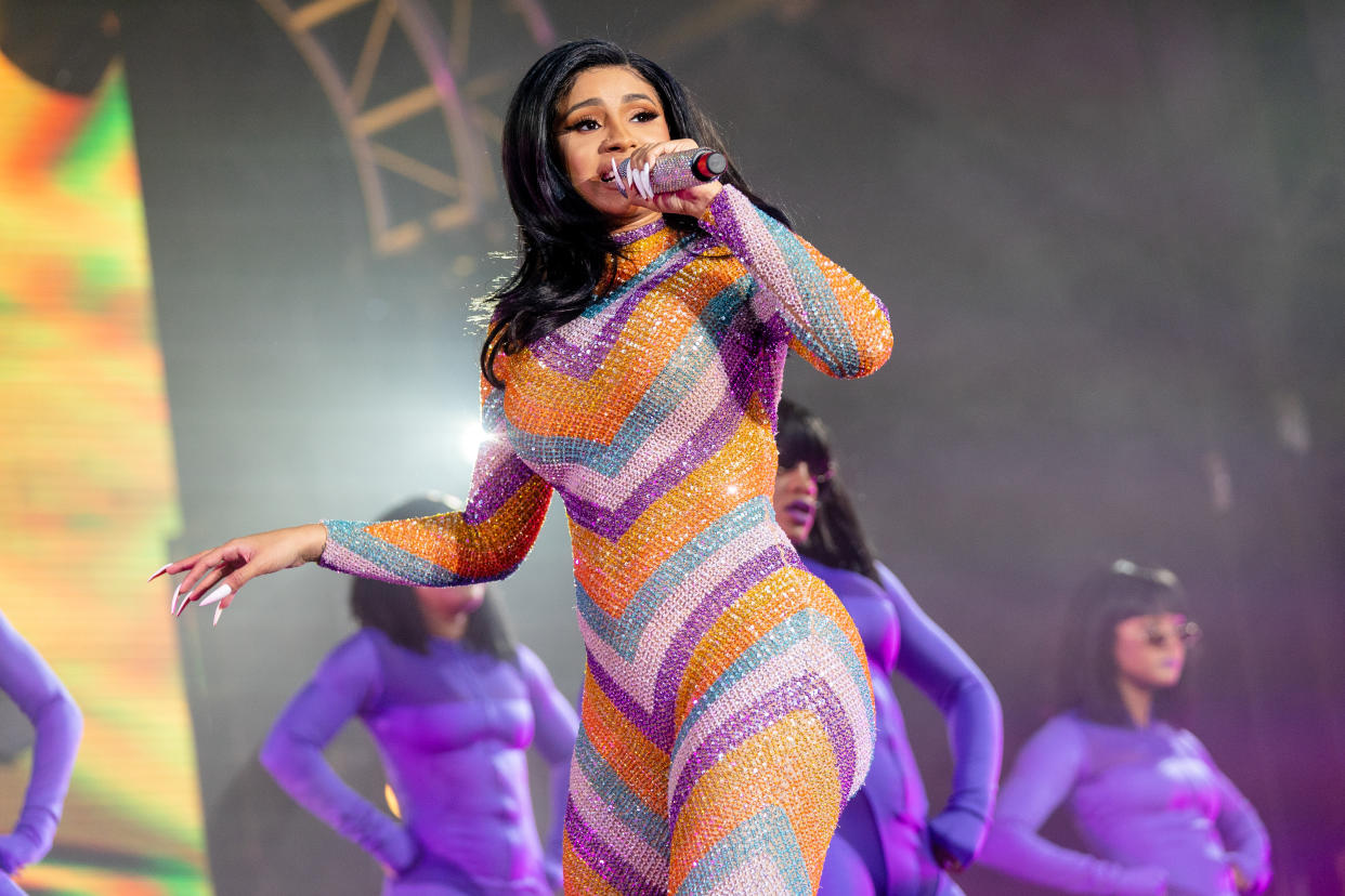 Rapper Cardi B performs wearing a multi-coloured bodysuit at the Bonnaroo Music & Arts Festival on June 16, 2019 in Tennessee.