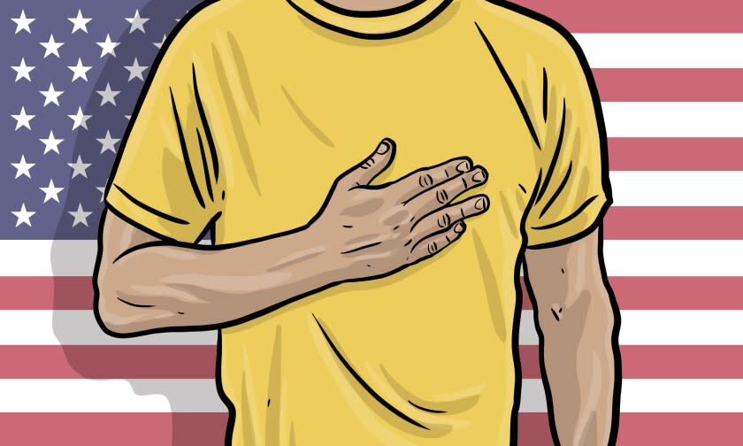 Illustrations in comic style of people and their thoughts on the national anthem