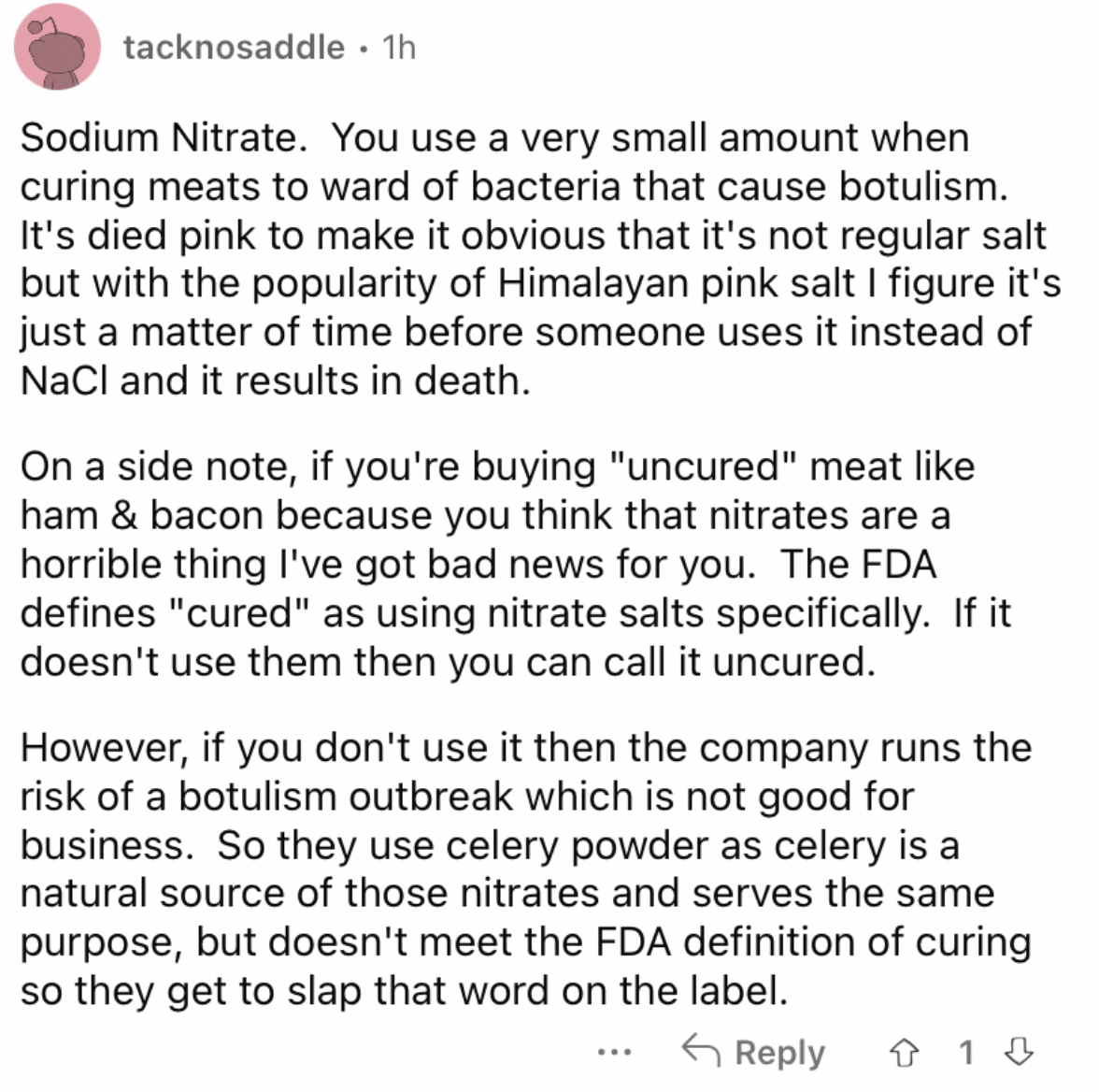 Reddit screenshot about sodium nitrate in small mishandled amounts being deadly.