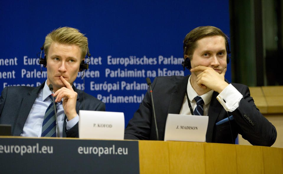 Estonian EKRE member and MEP Jaak Madison, right, and Denmark's DFP member and MEP Peter Kofod attend a media conference to announce the formation of a new far-right European Parliament group at the European Parliament in Brussels, Thursday, June 13, 2019. (AP Photo/Virginia Mayo)