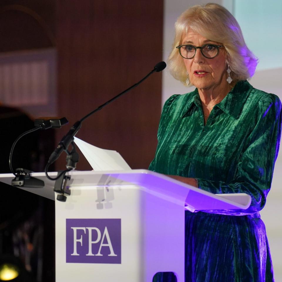 Queen Camilla speaks at the awards ceremony on Monday evening