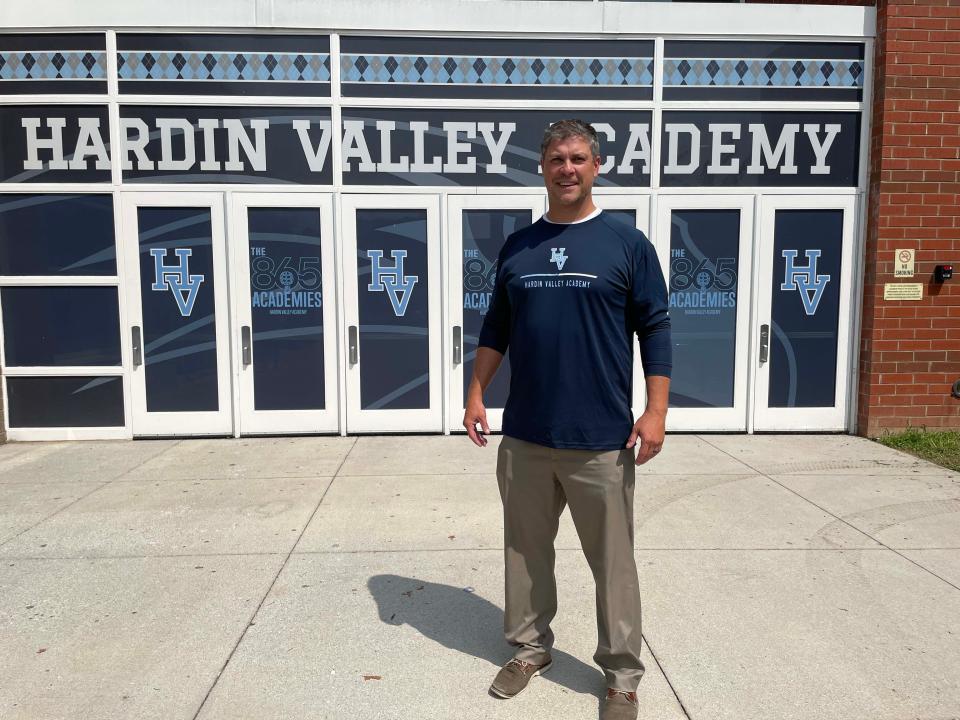 Mitchell Cox, new principal at Hardin Valley Academy, welcomes staff to the school Wednesday, Aug. 2, 2023.