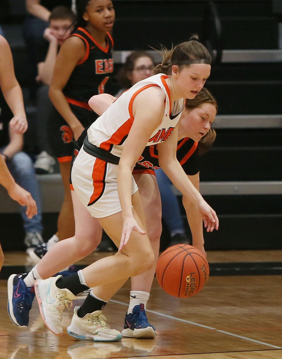 Ames' Karsyn Pankonen (3) steals the ball from Waterloo East guard Graysyn Downing (2) during the first half of the Little Cyclones' 41-33 loss.