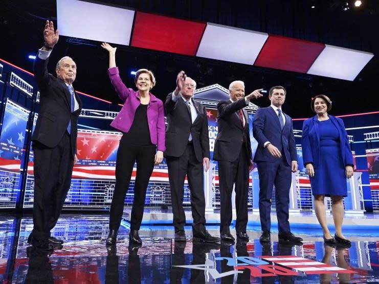 Mike Bloomberg, Elizabeth Warren, Bernie Sanders, Joe Biden, Pete Buttigieg, Amy Klobuchar greet the audience at the Paris New Theater Las Vegas Nevada on Wednesday 19 February 2020: NBCU Photo Bank via Getty Images