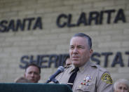 Los Angeles Sheriff Sheriff Alex Villanueva expresses his condolences for the victims of the shooting at Saugus High School at a news conference at the station Santa Clarita, Calif., Friday, Nov. 15, 2019. (AP Photo/Damian Dovarganes)